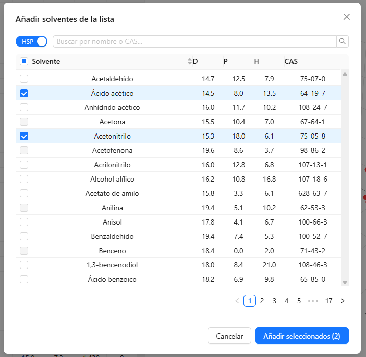 Modal de Añadir Solventes con filas seleccionadas