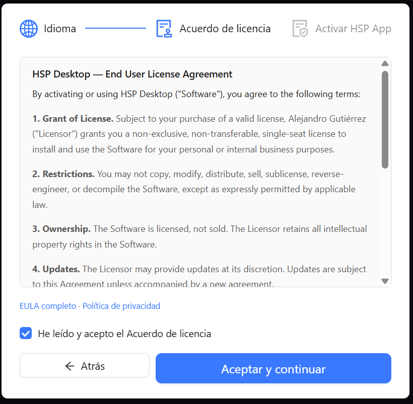 Paso del EULA en el diálogo de configuración