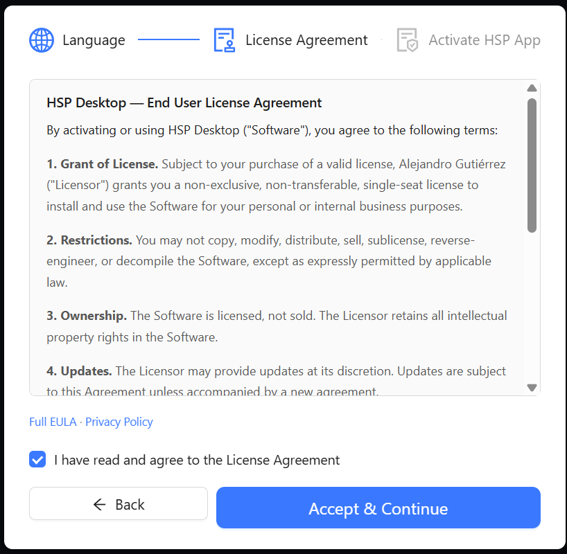 EULA step of the setup dialog