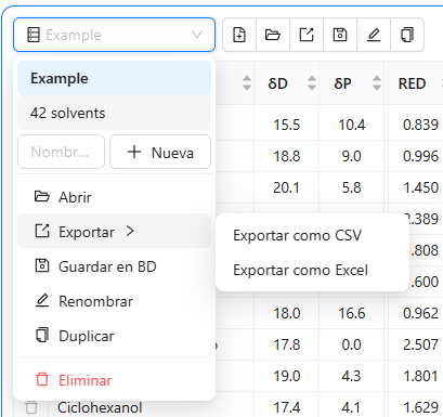 Submenú de exportación con opciones CSV y Excel