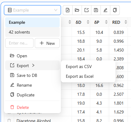 Export sub-menu showing CSV and Excel options